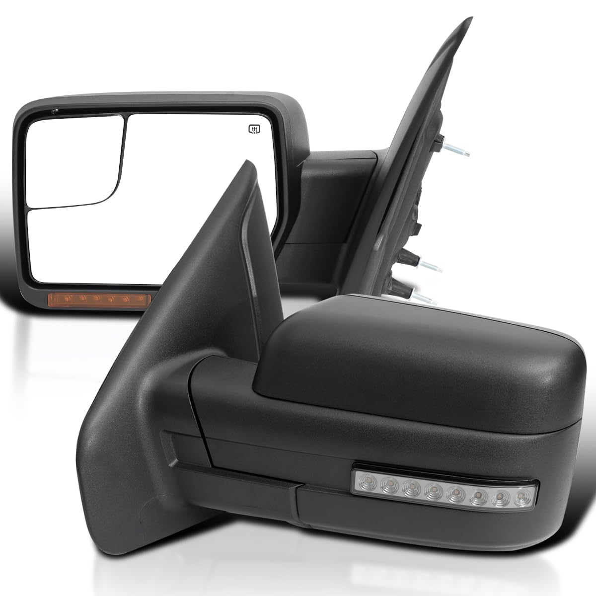 Power Spec-D Tuning Black Heated + LED Signal + Puddle Light Side Mirrors Compatible with 2007-2014 Ford F-150, Left + Right Pair