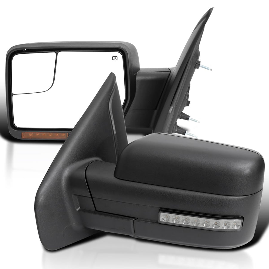 Power Spec-D Tuning Black Heated + LED Signal + Puddle Light Side Mirrors Compatible with 2007-2014 Ford F-150, Left + Right Pair