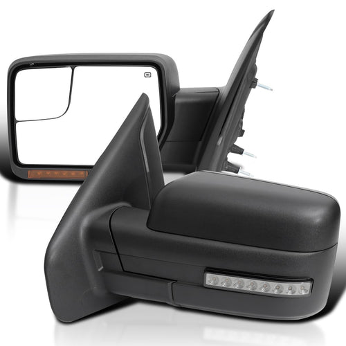 Power Spec-D Tuning Black Heated + LED Signal + Puddle Light Side Mirrors Compatible with 2007-2014 Ford F-150, Left + Right Pair