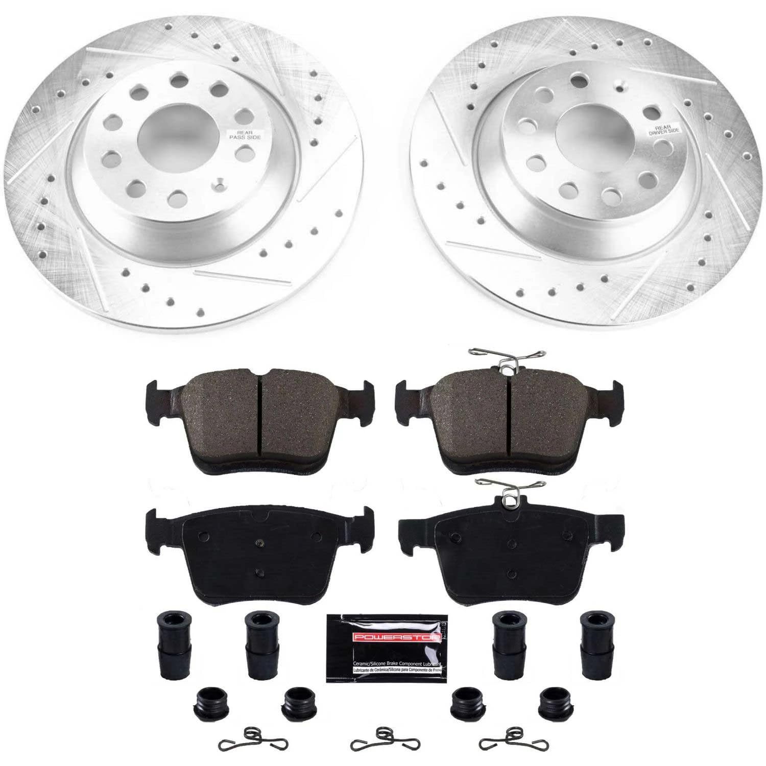 Power Stop K7176 Z23 Carbon Fiber Brake Pads Rear with Drilled & Slotted Brake Rotors Kit For Audi, Audi TT Quattro, VW Jetta, VW Tiguan [Model Specific]
