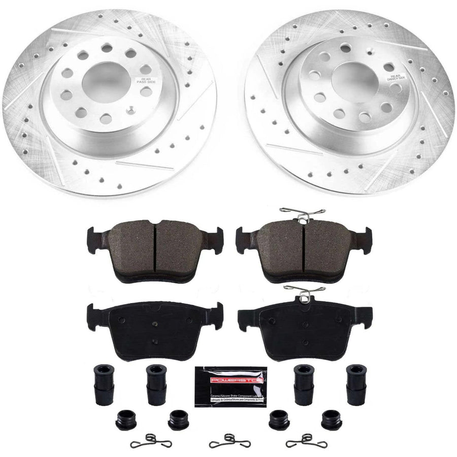 Power Stop K7176 Z23 Carbon Fiber Brake Pads Rear with Drilled & Slotted Brake Rotors Kit For Audi, Audi TT Quattro, VW Jetta, VW Tiguan [Model Specific]