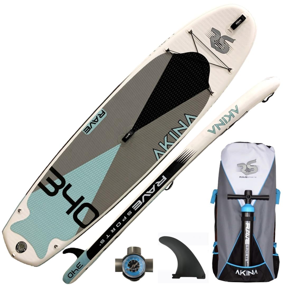 RAVE Sports Stand Up Inflatable Paddle Board, Akina Superior Blue, 11'2" x 34" x 6", Durable Materials, Non-Slip Comfort Deck, Designed for Adults & Youth, Wide Stable SUP, High Pressure Hand Pump