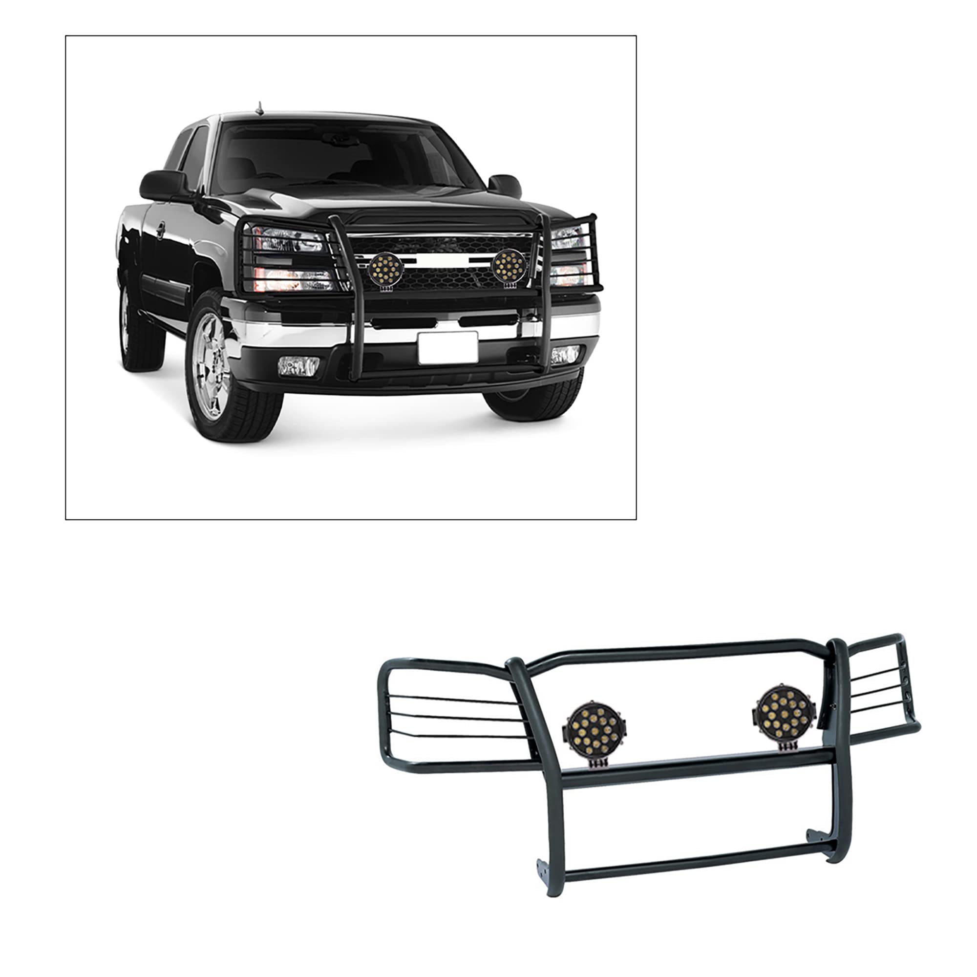 Bumper Guard Modular Black Horse Grille brush Come With pair of 7.0"Dia.LED Lights with Black Trim Rings Compatible with 2003-2006 Silverado 1500|2007-2007 Silverado 1500 HD Classic-17GT25MA-PLB