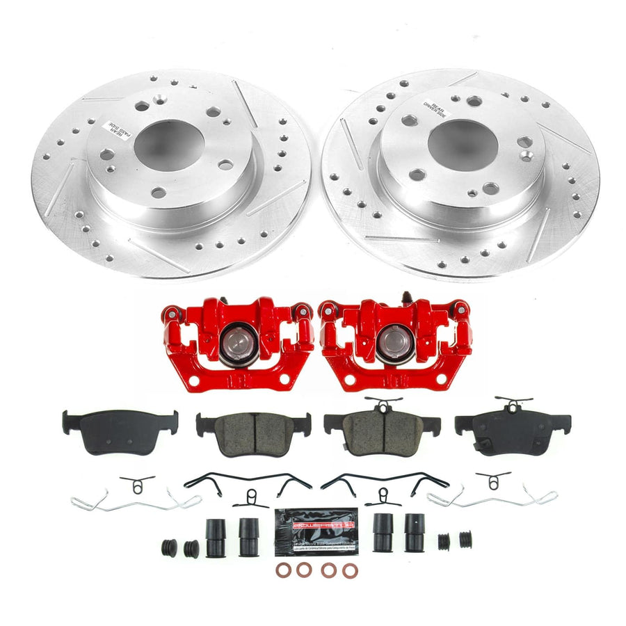 Rear Z23 Brake Pads and Rotors Brake Kit POWERSTOP with Red Powder Coated Calipers For Honda Civic 2020-2022, Honda Insight 2019-2022 [Vehicle Specific]