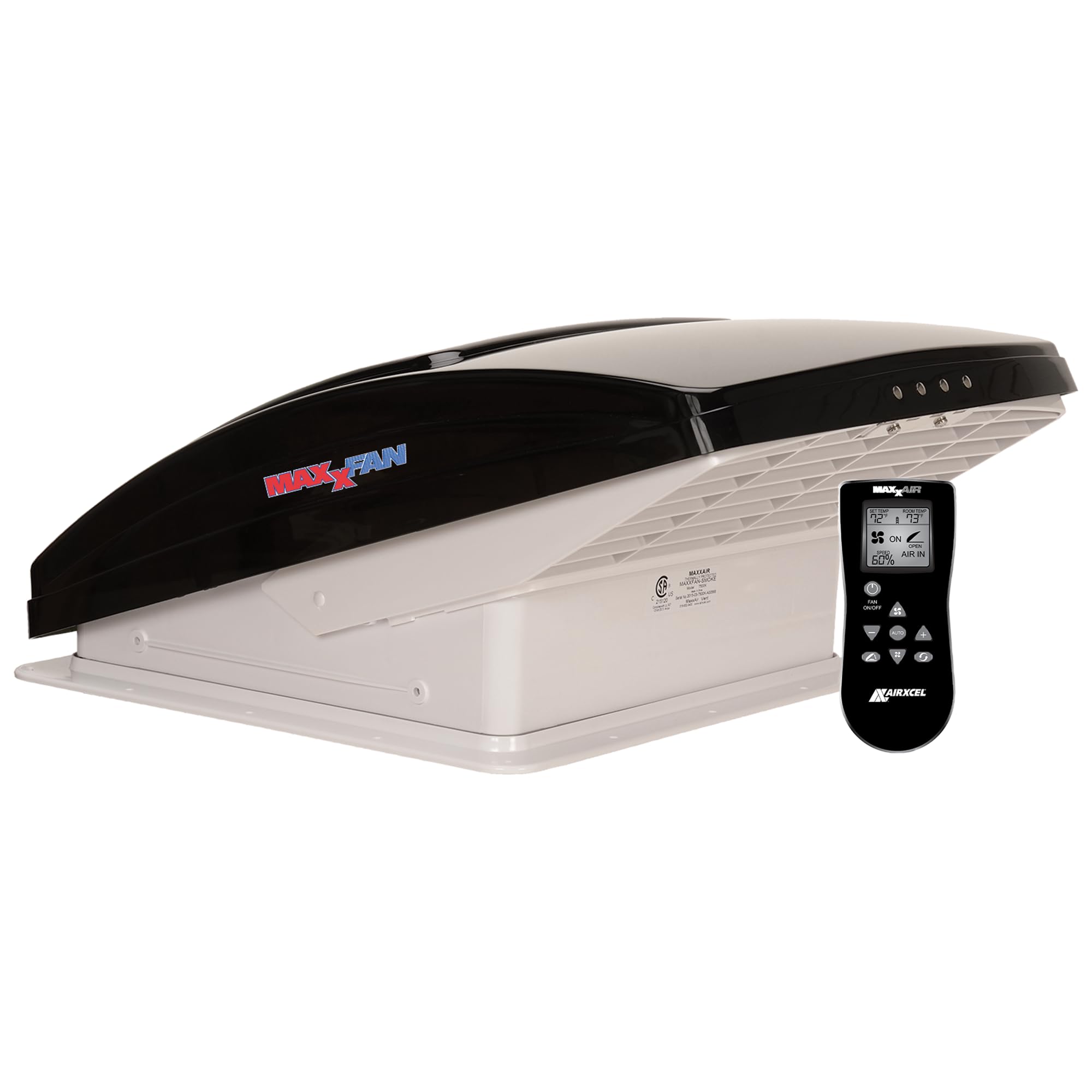 Maxxfan Deluxe Vent, Fan and Vent Cover All in One MAXXAIR - Powerful 10-Speed Reversible Fan with Thermostat, Built-in Rain Cover, Remote Control, Intake & Exhaust Fan, Smoke (00-07500K)