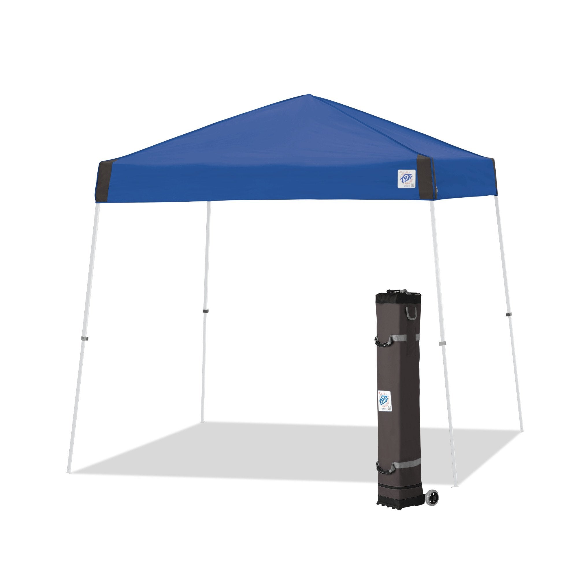 E-Z UP Instant Shelter Vista Canopy, 10' x 10', White Powder-Coated Steel Frame with Wide-Trax Roller Bag & 4 Piece Spike Set, Royal Blue