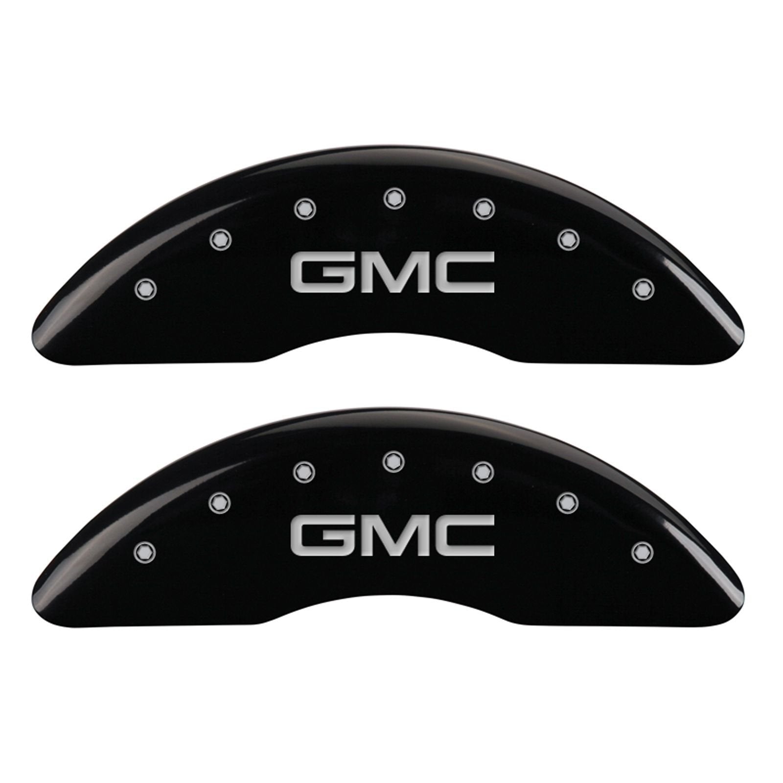 MGP Caliper Covers Front and Rear 34003SGMCBK Black Powder Coat Finish, Set of 4 (GMC Silver Characters, Engraved)