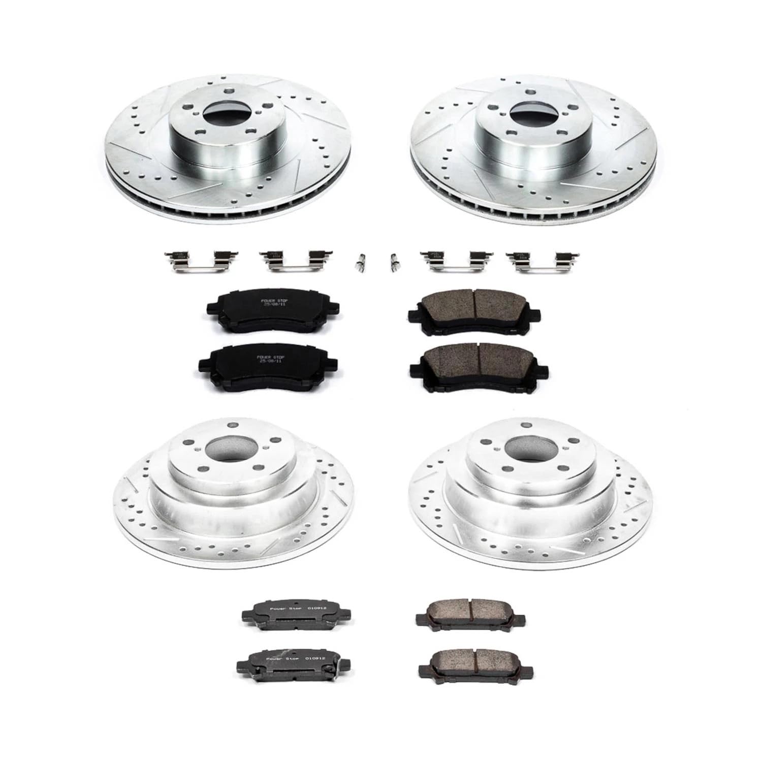 Power Stop K2371 Z23 Carbon Fiber Brake Pads Front and Rear with Drilled & Slotted Brake Rotors Kit For Subaru Impreza 2002-2003 [Model Specific]
