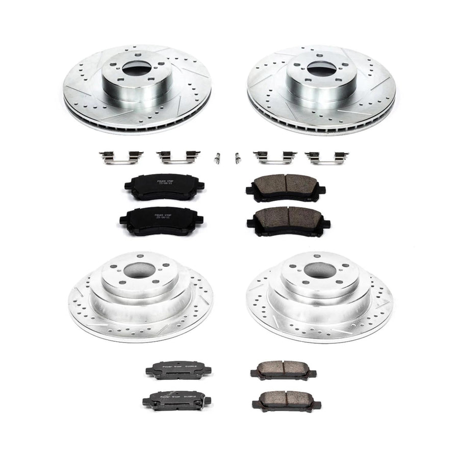 Power Stop K2371 Z23 Carbon Fiber Brake Pads Front and Rear with Drilled & Slotted Brake Rotors Kit For Subaru Impreza 2002-2003 [Model Specific]