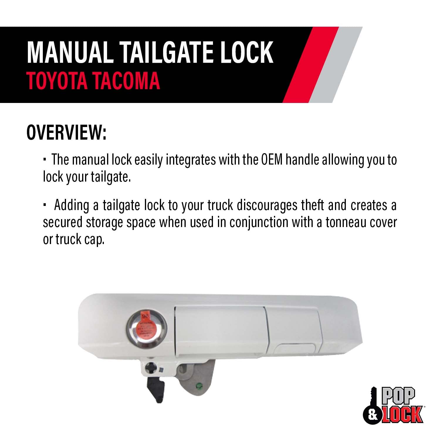 Manual Tailgate Lock – Pop & Lock with Bolt Technology for Toyota Tacoma, Fits 2005 to 2015 Models (Black, PL5400)