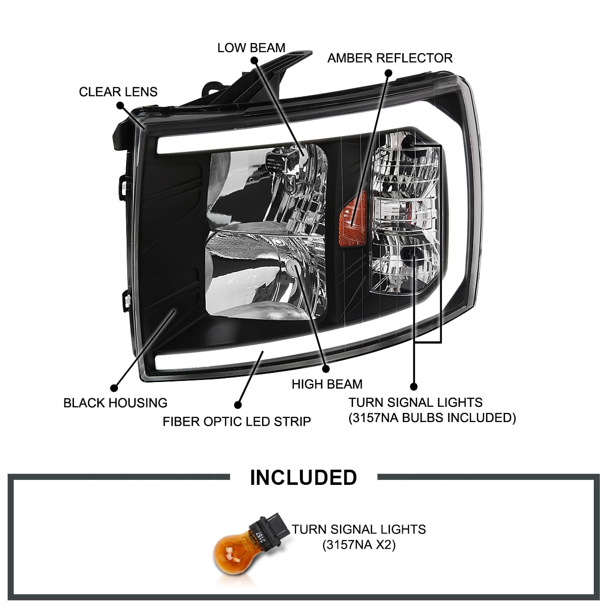 Black SPEC-D TUNING Headlights w/LED Strip Compatible with 2007-2013 Chevy Silverado 1500/2500HD/3500HD, Left + Right Pair Headlamp Assembly