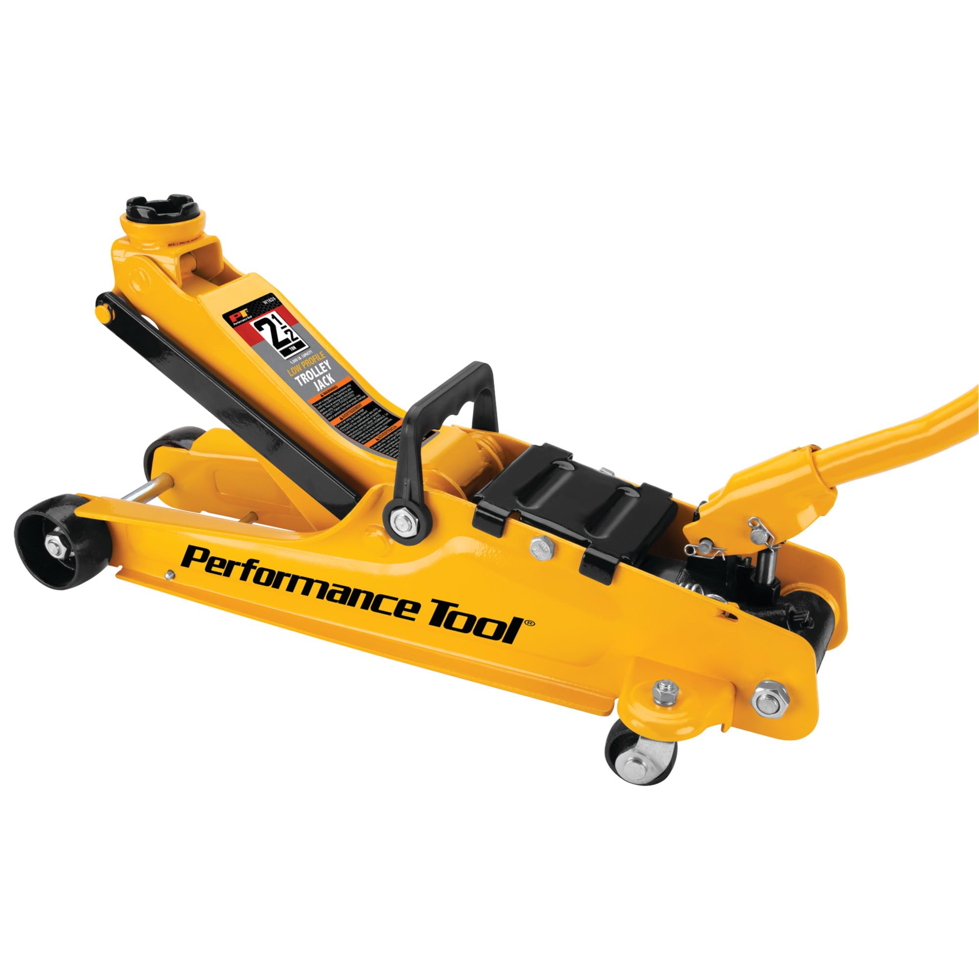 2-1/2 Ton Performance Tool Low-Profile Trolley Jack, Flanged, Powder-Coated Steel, Swivel Wheels, Carry Handle, Portable, Yellow/Black