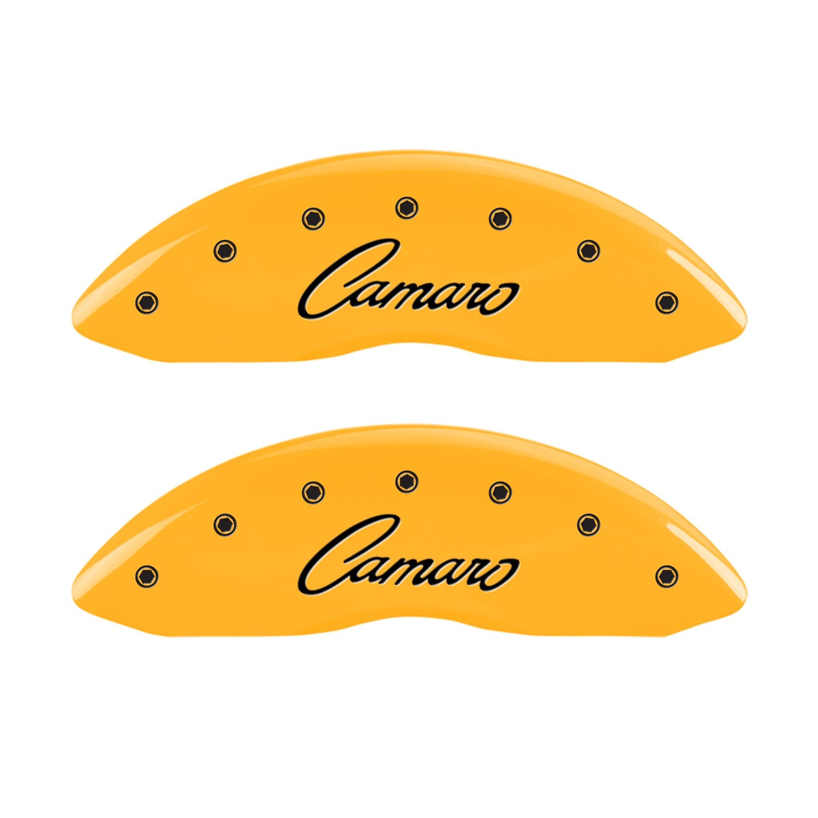 Caliper Covers MGP 14033SCCSYL, Set of 4 (Yellow Engraved Front and Rear: Cursive/Camaro Powder Coat Finish Black Characters)