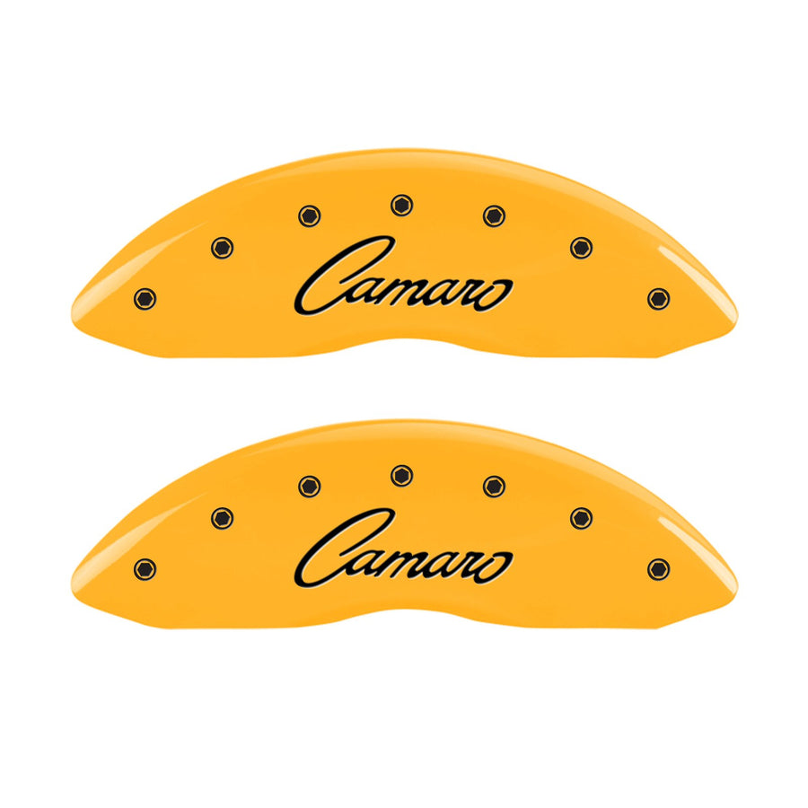 Caliper Covers MGP 14033SCCSYL, Set of 4 (Yellow Engraved Front and Rear: Cursive/Camaro Powder Coat Finish Black Characters)