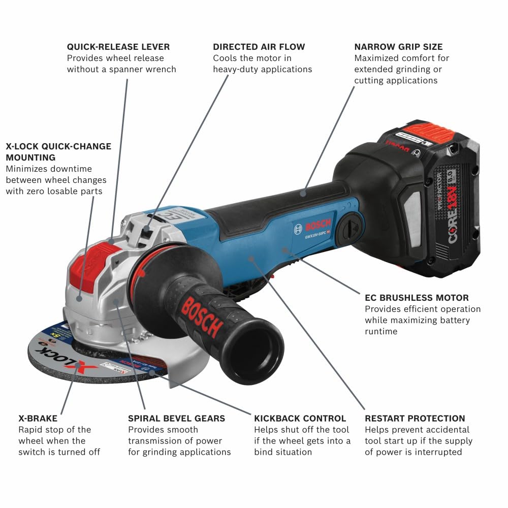 Bosch 18V GWX18V-50PCB14 X-LOCK Brushless Connected-Ready 4-1/2 In. – 5 In. Angle Grinder with No Lock-On Paddle Switch Kit and (1) CORE18V® 8 Ah High Power Battery