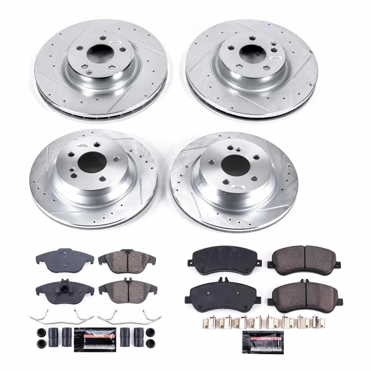 Power Stop K6604 Z23 Carbon Fiber Brake Pads Front and Rear with Drilled & Slotted Brake Rotors Kit and 1 Front & 1 Rear Sensor Wires For Mercedes-Benz GLK250, Mercedes-Benz GLK350 [Model Specific]