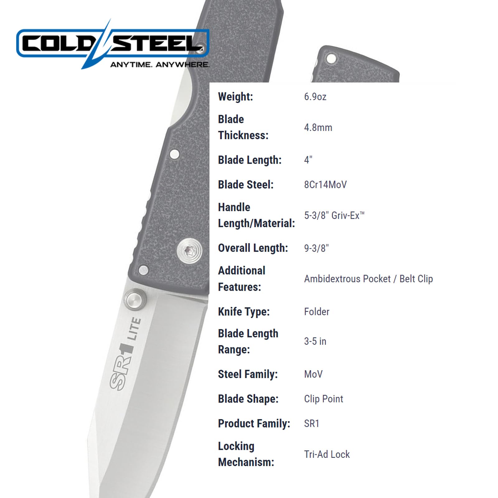 SR1 Lite Cold Steel 8Cr14MoV Steel 4" Clip Point Blade Griv-Ex Handle Folding Knife with Tri-Ad Locking Mechanism, Boxed