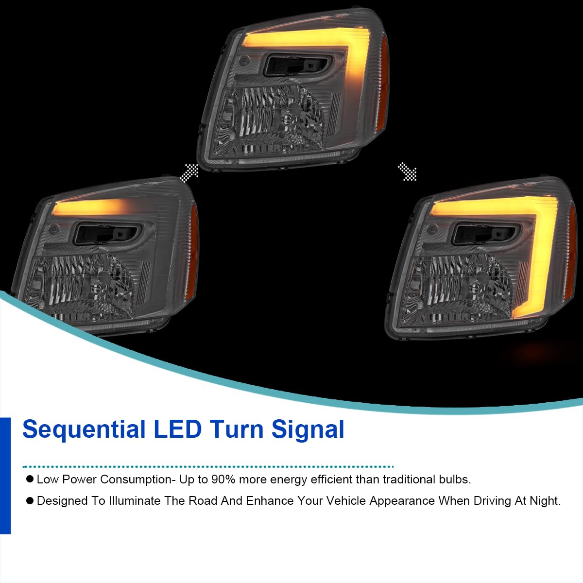 LED Tube Headlights SPEC-D TUNING w/Sequential Turn Signal and Startup Animation Compatible with 2005-2009 Chevy Equinox Left + Right Assembly
