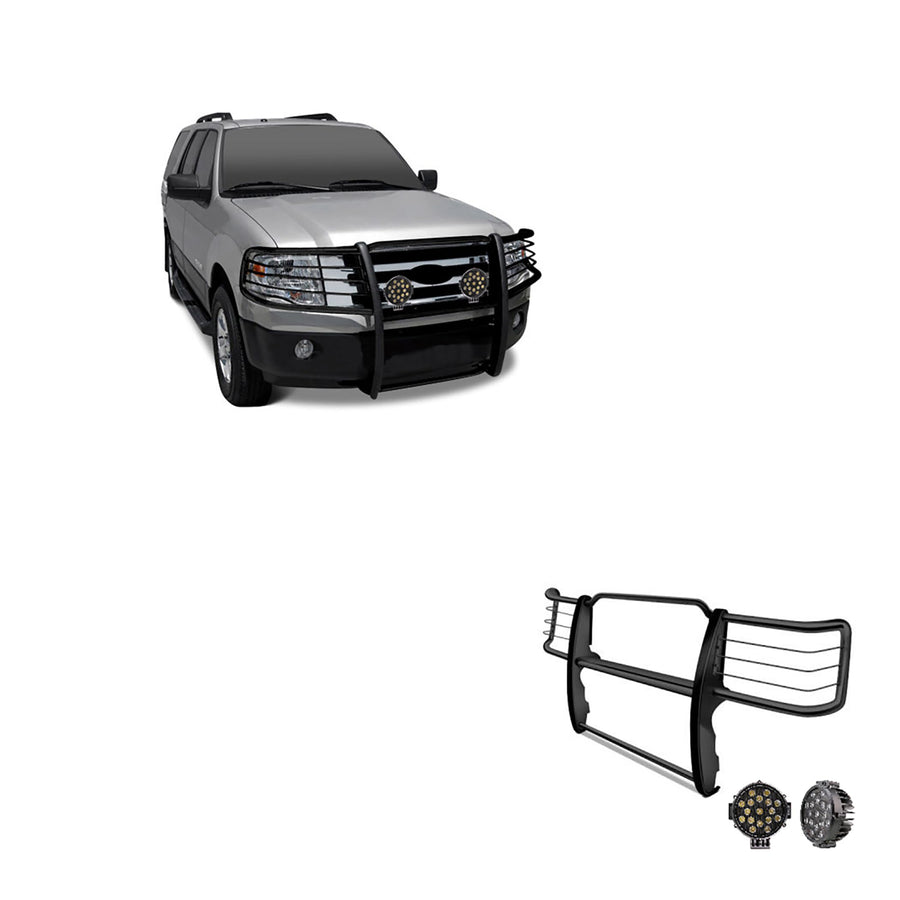 Bumper Guard Black Horse Grille Brush Modular Come with Pair of 7.0" Dia.LED Lights with Black Trim Rings Compatible with 1995-2001 Ford Explorer|1997-2001 Mercury Mountaineer-17F80218MA-PLB