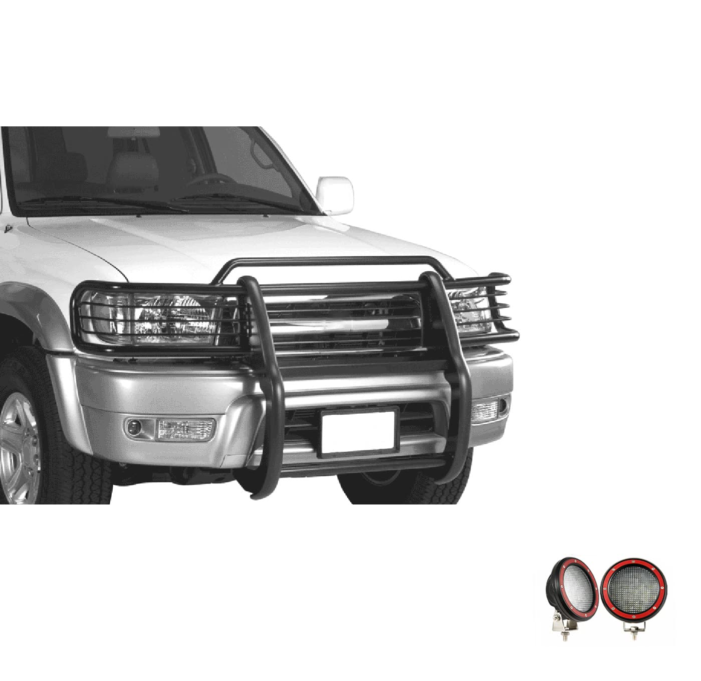 Bumper Guard Black Horse Grille Brush Modular Black Come with Pair of 5.3" Dia.LED Lights with Red Trim Rings Compatible with 1999-2002 Toyota 4Runner-17TN23MA-PLFR