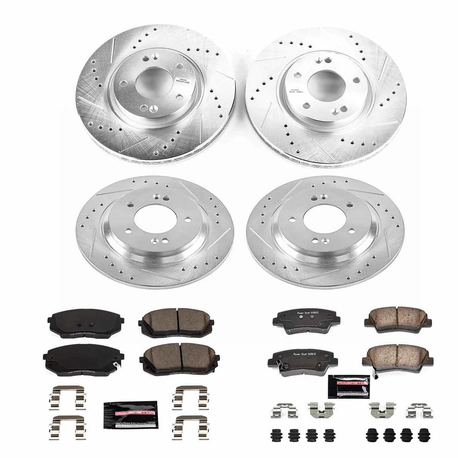 Power Stop Z23 K8629 Front and Rear Brake Kit-Drilled/Slotted Brake Rotors & Carbon Ceramic Brake Pads For Kia Optima 2017 [Model Specific]