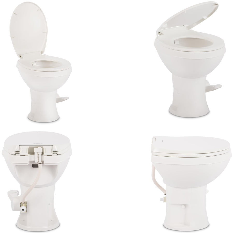Dometic 400 Model Essential RV Toilet – Round Lightweight Plastic Bowl, Universal Fit & 2-Bolt Mount, 18" Chair Height Residential Style, Gravity Flush Toilet with Soft-Close Seat, White (9610008275)