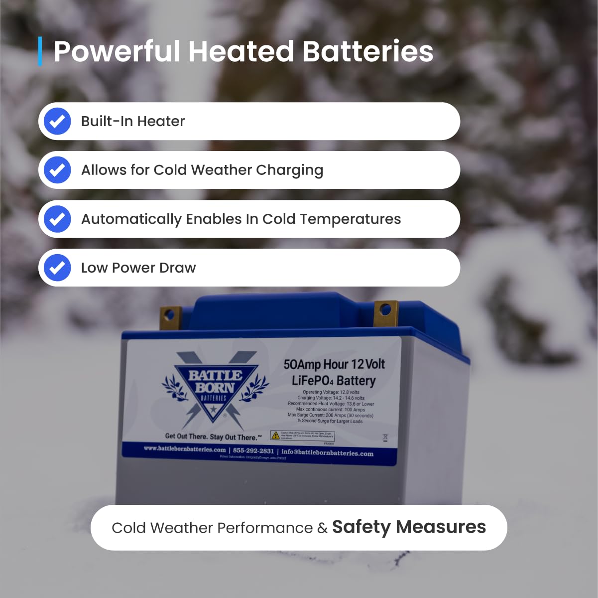 12V 50Ah Heated Lithium-Ion (LiFePO4) RV, Marine, Solar, & Off Grid Battery - Integrated Heating Technology - Internal BMS, High & Low Temperature Protection - Battle Born Batteries