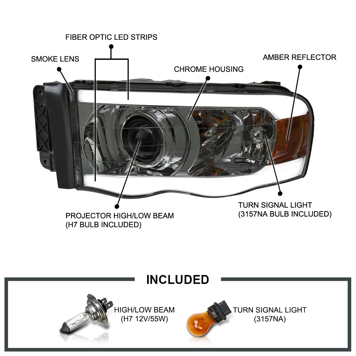 Smoke LED Tube Projector Headlights Spec-D Tuning Compatible with 2002-2005 Dodge Ram 1500, 2003-2005 Dodge Ram 2500/3500, Left + Right Pair Headlamp Assembly