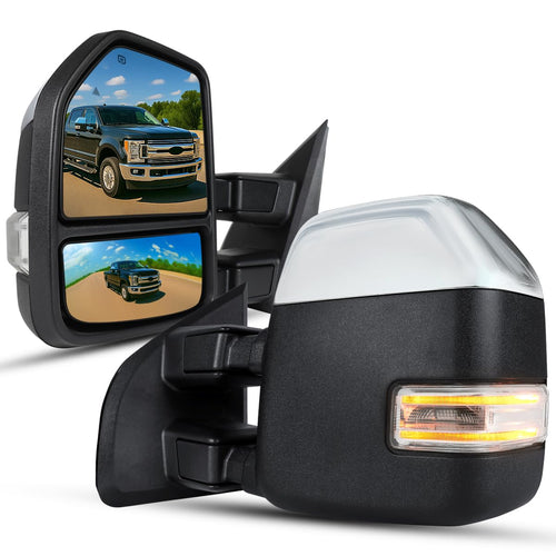 Spec-D Tuning Power Heated Chrome Tow Mirrors w/Temperature Sensor + LED Signal Compatible with 2017-2019 Ford F250 F350 F450 Super Duty Left + Right Pair