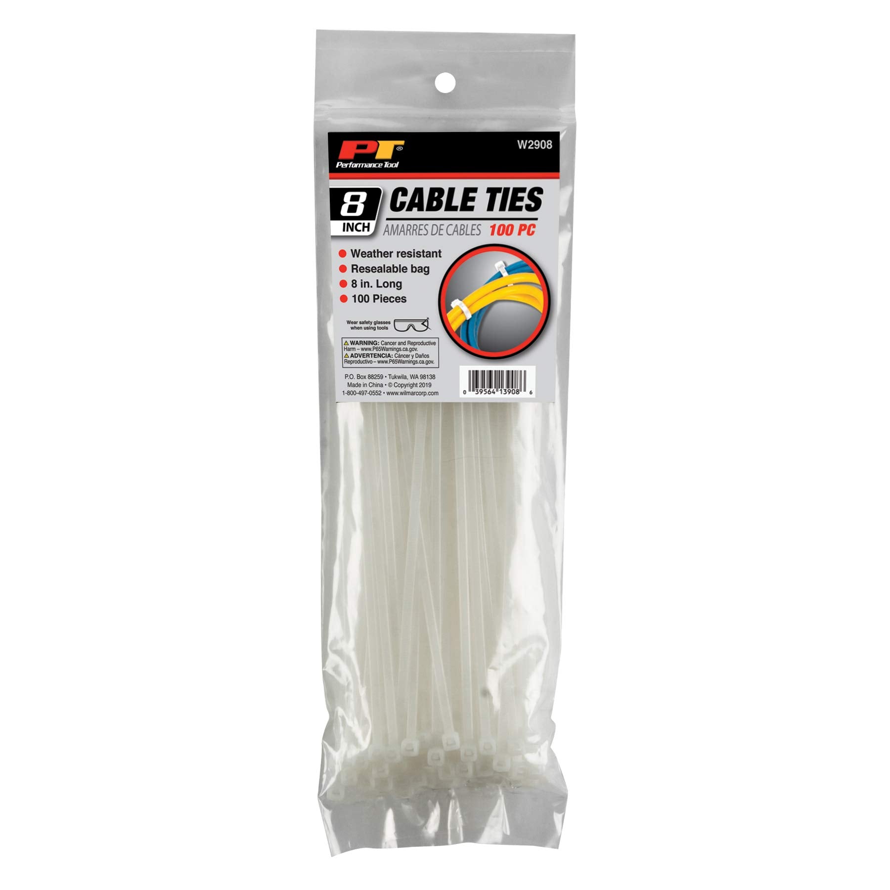 W2908 Performance Tool 100pc 8-Inch Cable Tie, White With Tensile Strength 40 Lbs