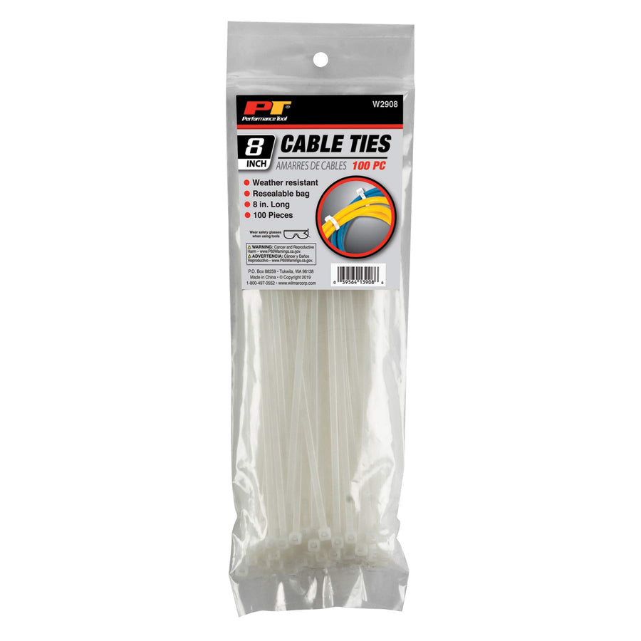 W2908 Performance Tool 100pc 8-Inch Cable Tie, White With Tensile Strength 40 Lbs