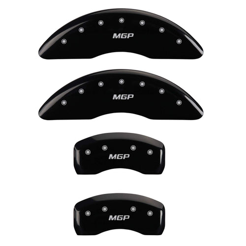 MGP Black Powder Coat Finish Caliper Covers 41113SMGPBK, Silver Characters, Set of 4