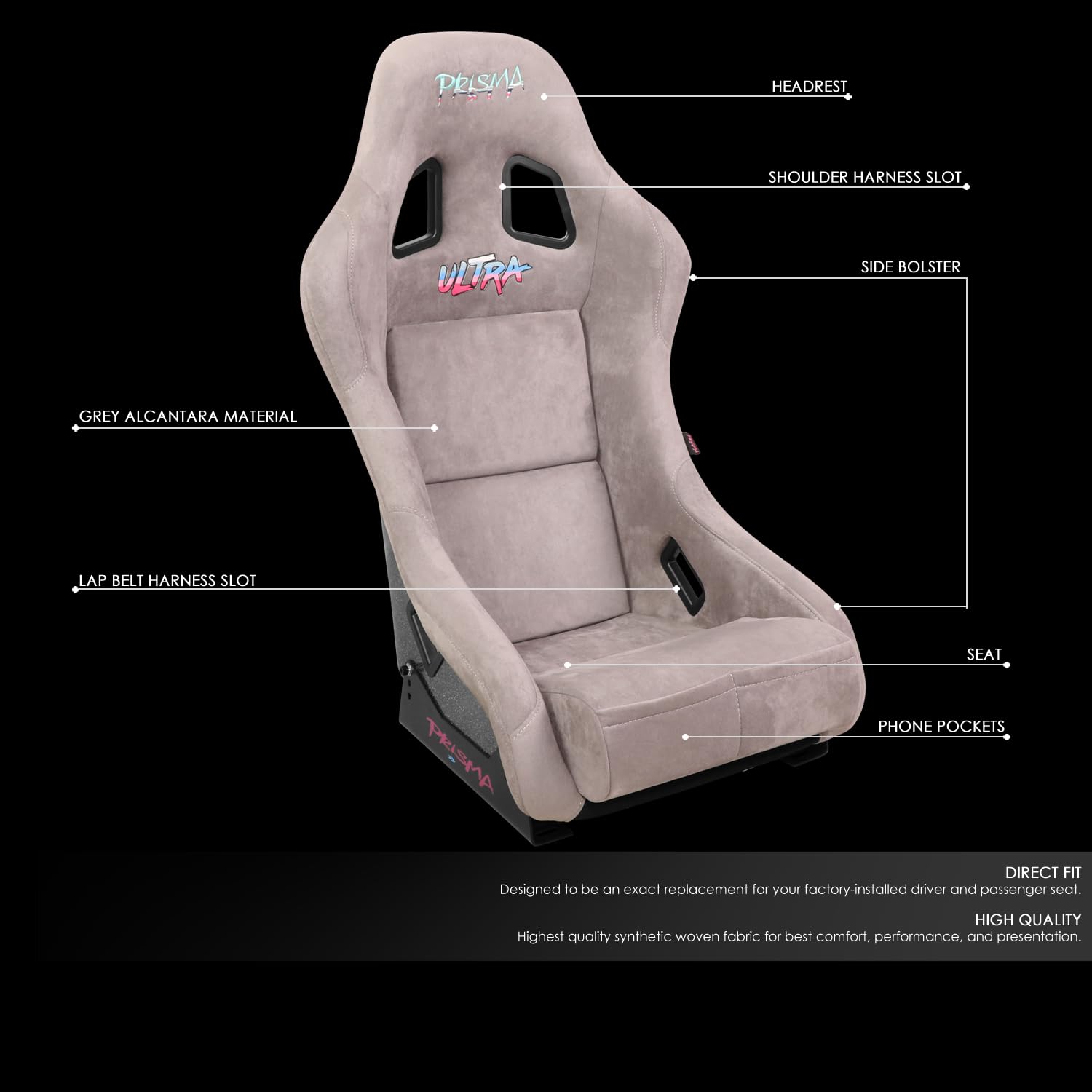 NRG Innovations FRP Bucket Seat NRG-FRP-303GY-ULTRA Edition Alcantara Material with Grey Pealized Back Plus Phone Pockets. (Medium)