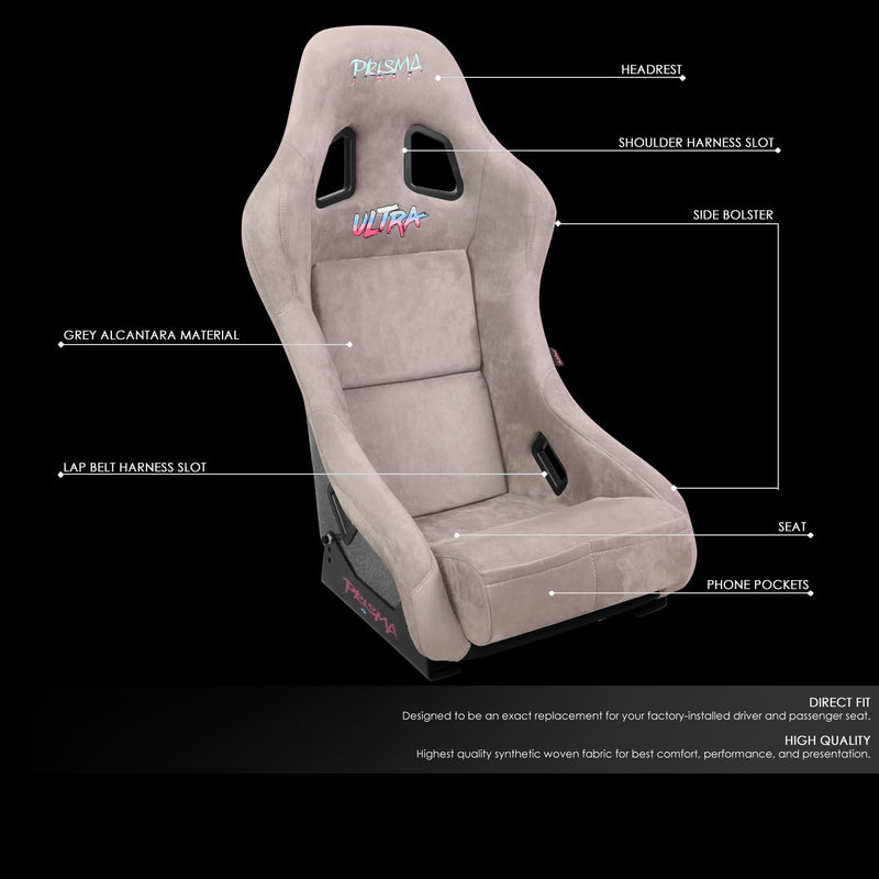 NRG Innovations FRP Bucket Seat NRG-FRP-303GY-ULTRA Edition Alcantara Material with Grey Pealized Back Plus Phone Pockets. (Medium)
