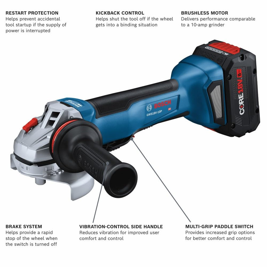 Bosch GWS18V-10PB14 18V Brushless Angle Grinder Kit 4-1/2 – 5 In. with No Lock-On Paddle Switch and (1) CORE18V® 8 Ah High Power Battery