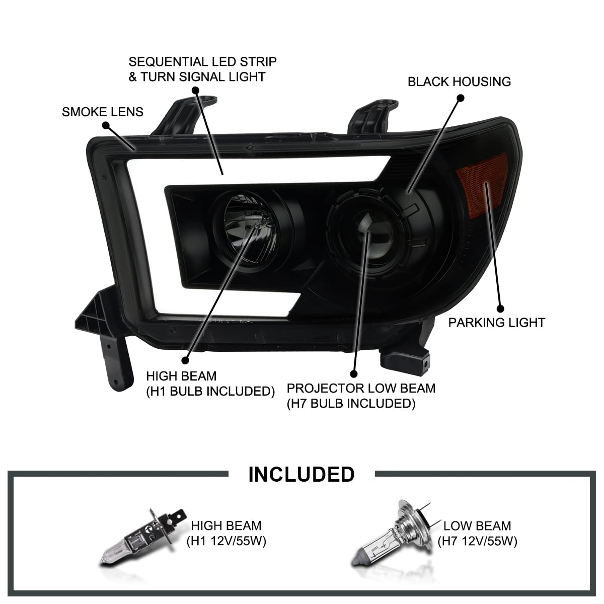 Black Smoke SPEC-D TUNING Projector Headlights w/Switchback Sequential LED Turn Signal Compatible with 2007-2013 Toyota Tundra, 2008-2017 Toyota Sequoia, Left + Right Pair Headlamps Assembly