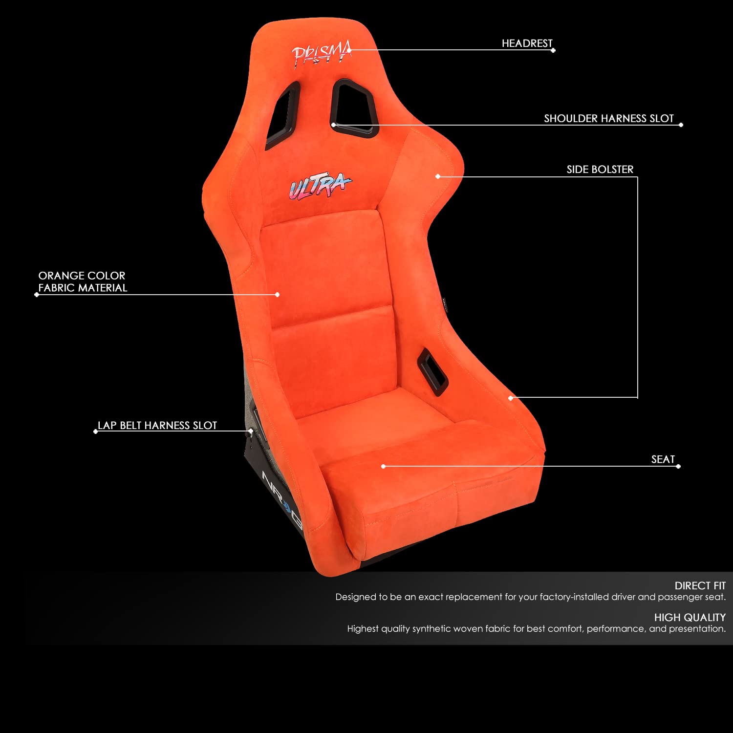 NRG Innovations Prisma NRG-FRP-302OR-ULTRA Fixed Back Bucket Racing Seat with Bottom Mount Bracket, Orange Color Seat/Gold Flake Back, 24" W X 36" H X 18" D