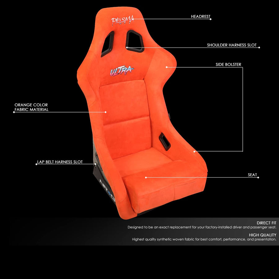 NRG Innovations Prisma NRG-FRP-302OR-ULTRA Fixed Back Bucket Racing Seat with Bottom Mount Bracket, Orange Color Seat/Gold Flake Back, 24" W X 36" H X 18" D