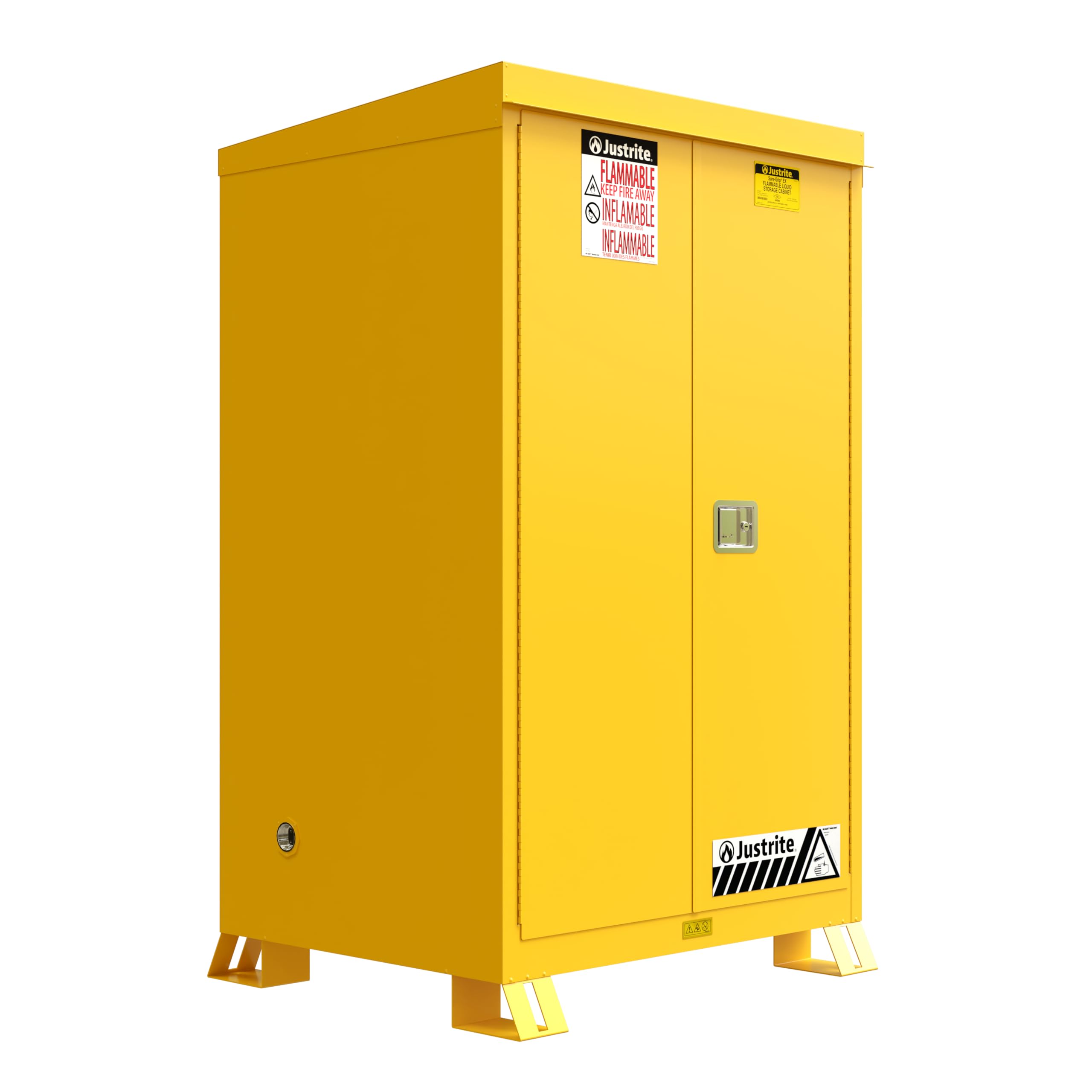Justrite Outdoor Reinforced Steel Flammable Liquid Storage Cabinet, 2 Shelves with 350 lb. Capacity, 2 Self-Close Door Fire Cabinet, 90 Gallon, 72" x 43" x 38", Yellow, 819020