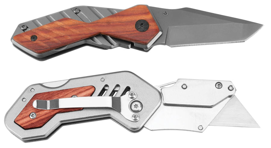 W9373 Performance Tool Red Hardwood and Aluminum Pocket and Utility Knife Set with Storage Tray (2 Pieces)