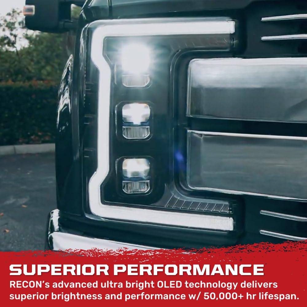 RECON - Full LED Projector Headlights Fits 2017-2019 Super Duty (F250 F350 F450) OLED DRL & Scanning Switchback LED Turn Signals (Replaces OEM Halogen Style Headlights) - Smoked Lens