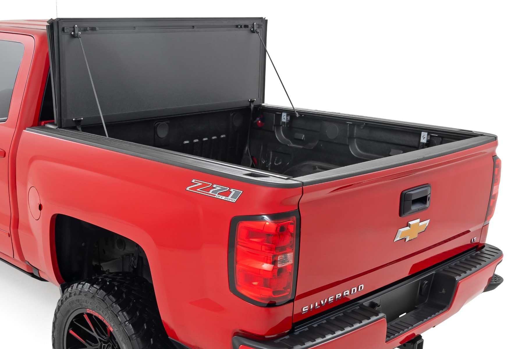 Rough Country Hard Tri-Fold Tonneau Cover for Chevy Silverado & GMC 1500/2500HD/3500HD (2014-2019) - Aluminum Flip-Up Bed Cover, Fits 6'7 (78.8-78.9") Bed w/Rail Caps