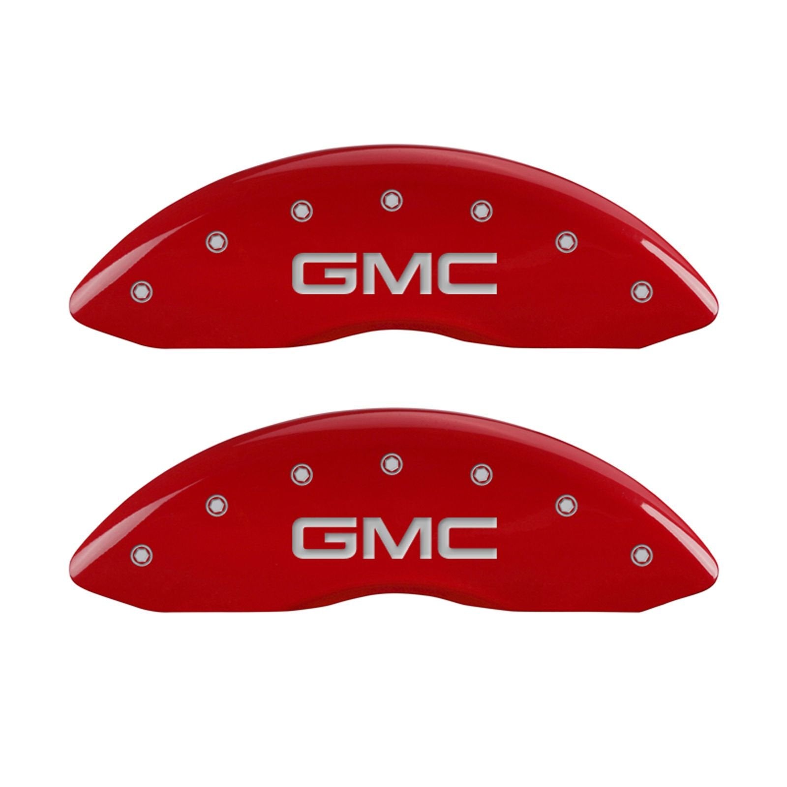 Caliper Covers MGP 34211SGMCRD (Red Powder Coat Finish, Engraved Front and Rear: GMC, Silver Characters, Set of 4)