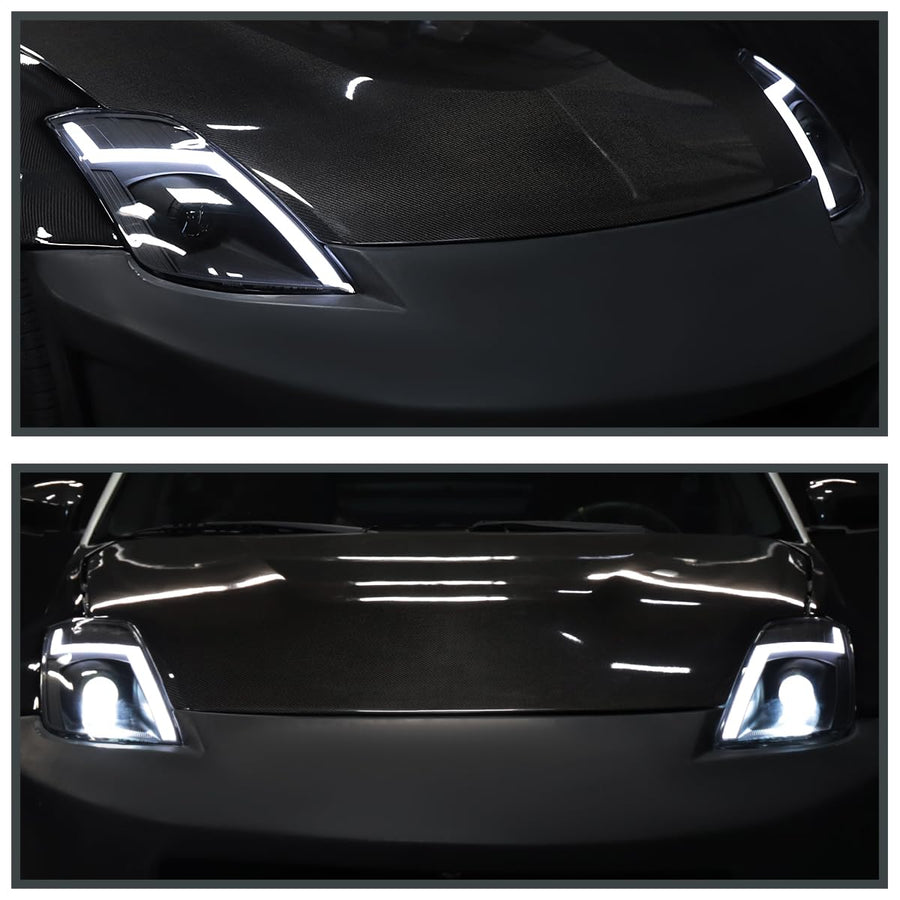 Sequential LED Tube Signal Projector Headlights SPEC-D TUNING and Startup Animation Compatible with 2006-2009 Nissan 350Z, Left + Right Pair Headlamp Assembly