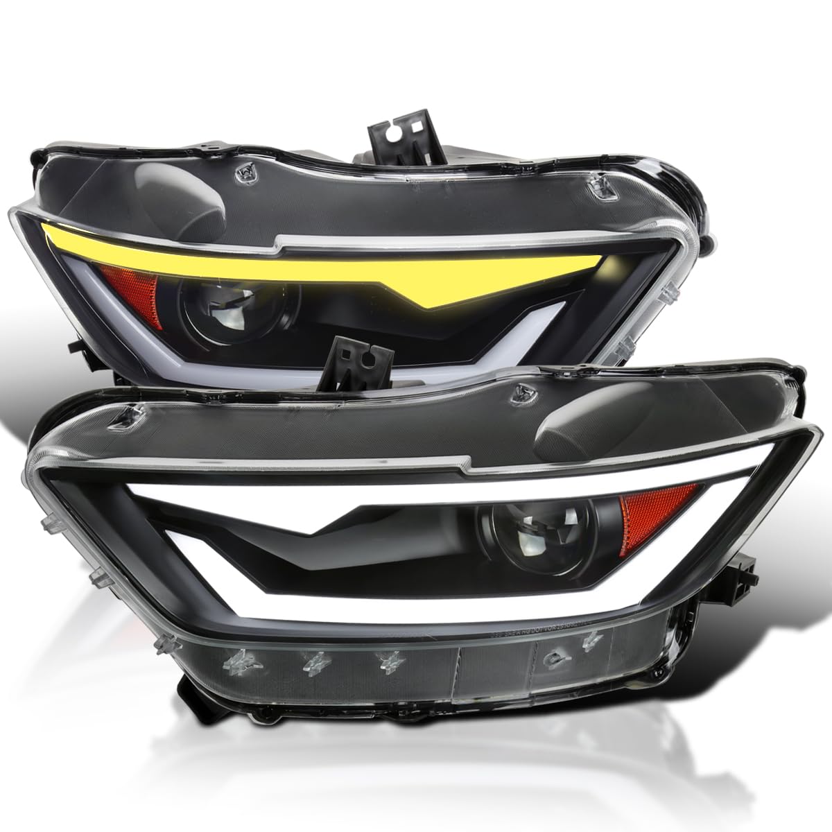 HID/Xenon Projector Headlights SPEC-D TUNING w/Fiber Optic Sequential Switchback LED Strip, Startup Animation Compatible with 2015-2017 Ford Mustang Models, Left + Right Pair Headlamps Assembly