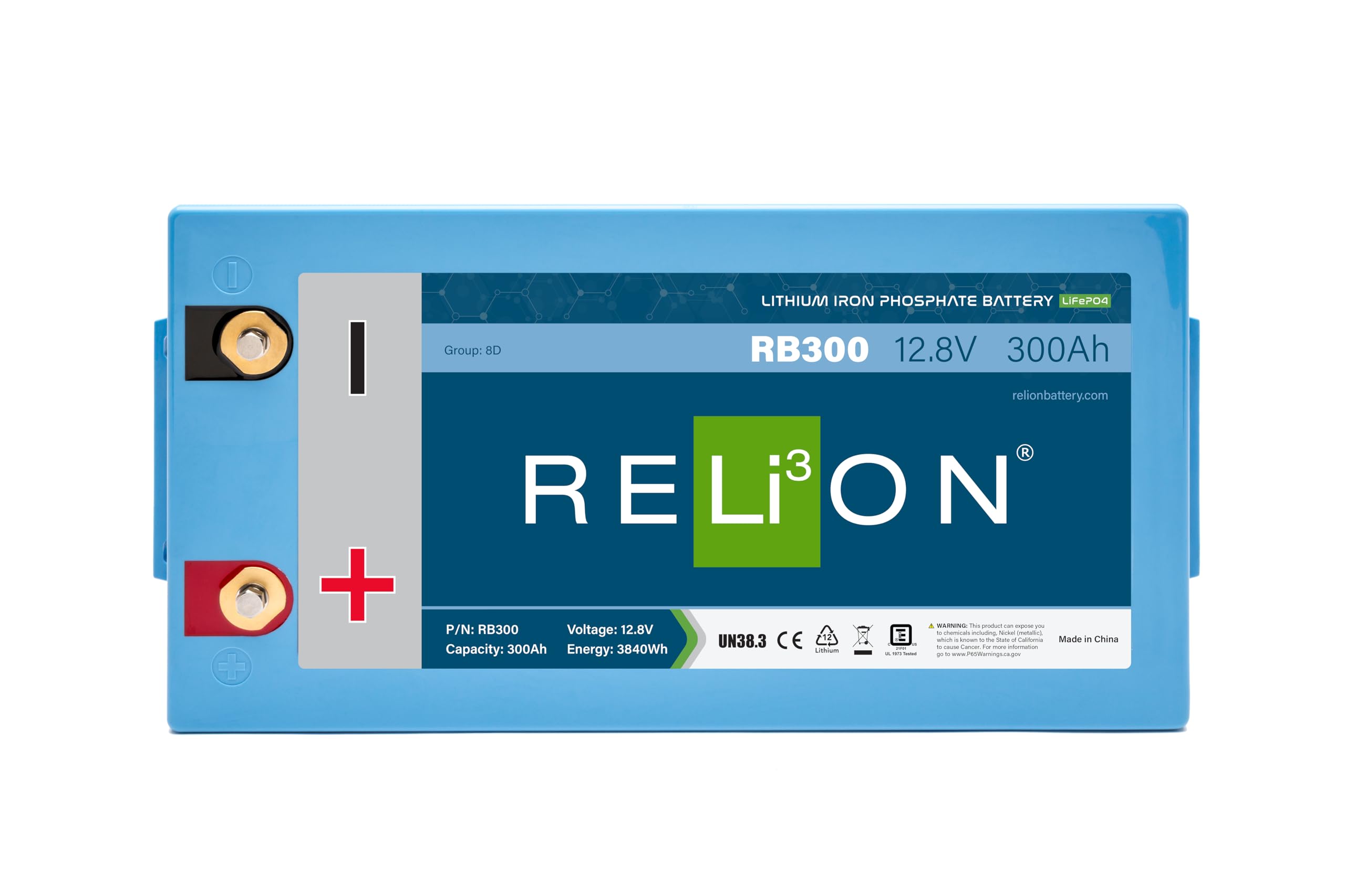 12V RELiON RB300 | 300Ah LiFePO4 Lithium-ion Battery | Group 8D | 3500~5000 Cycles | Waterproof (IP67 Rating) | 10 Year Warranty | Perfect for Marine, Sailing, RV, Off Grid etc.