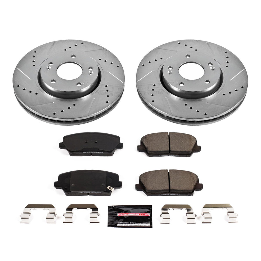 Power Stop K7673 Z23 Carbon Fiber Brake Pads Front with Drilled & Slotted Brake Rotors Kit For Hyundai Veloster 2016-2017, Kia Forte5 2017-2018 [Model Specific]
