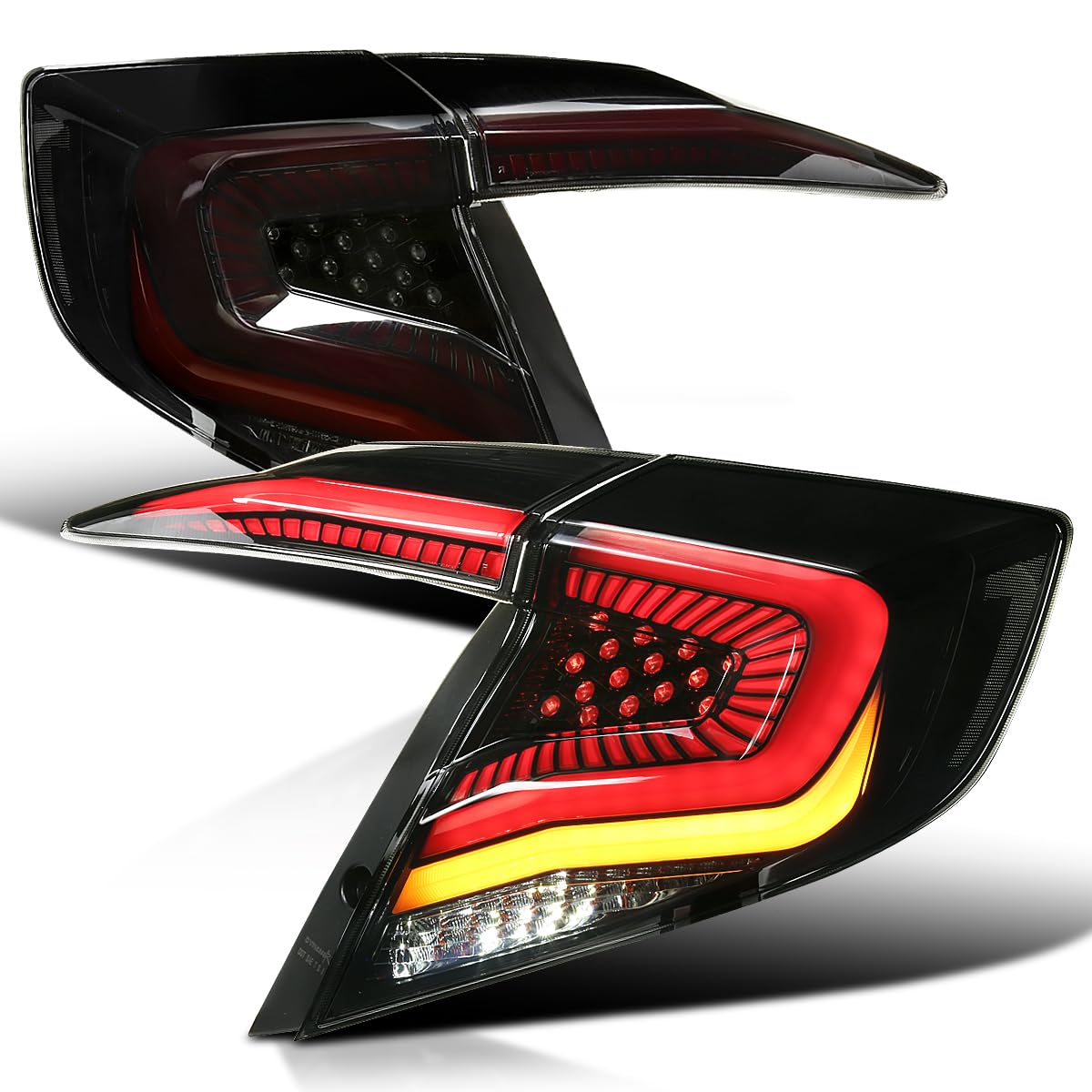 Glossy Black Smoke SPEC-D TUNING Tail Lights w/Red LED Strips, Sequential LED Turn Signal, and Startup Animation Compatible with 2016-2021 Honda Civic 4-Door Sedan, Left + Right Pair Assembly