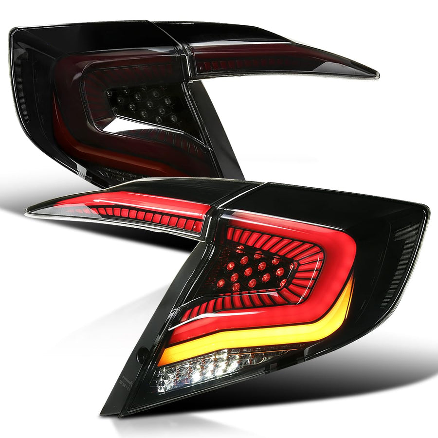 Glossy Black Smoke SPEC-D TUNING Tail Lights w/Red LED Strips, Sequential LED Turn Signal, and Startup Animation Compatible with 2016-2021 Honda Civic 4-Door Sedan, Left + Right Pair Assembly