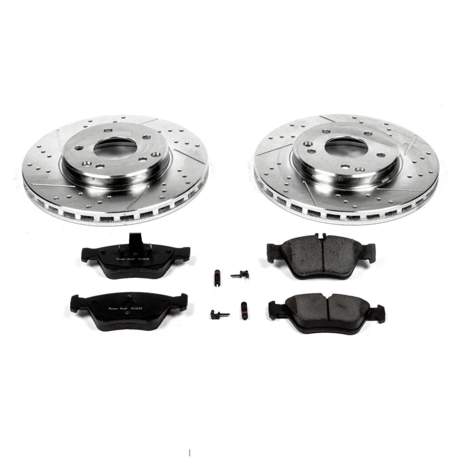 Power Stop K3047 Z23 Carbon Fiber Brake Pads Front with Drilled & Slotted Brake Rotors Kit and 2 Front Sensor Wires For Mercedes C230, Mercedes C280, Mercedes E300, Mercedes SLK230 [Model Specific]